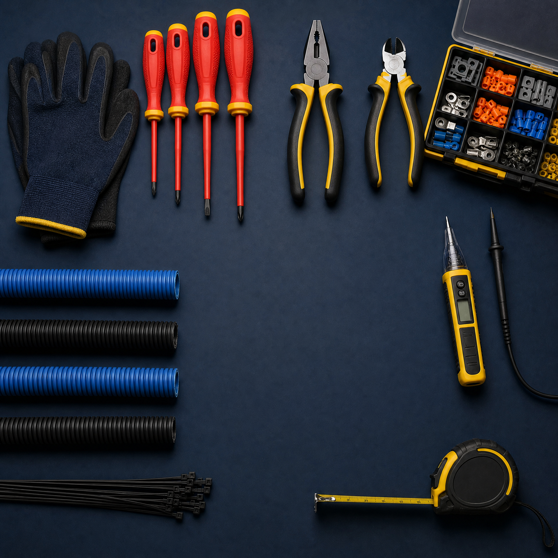 Outillage standard d'électricien organisé sur un établi