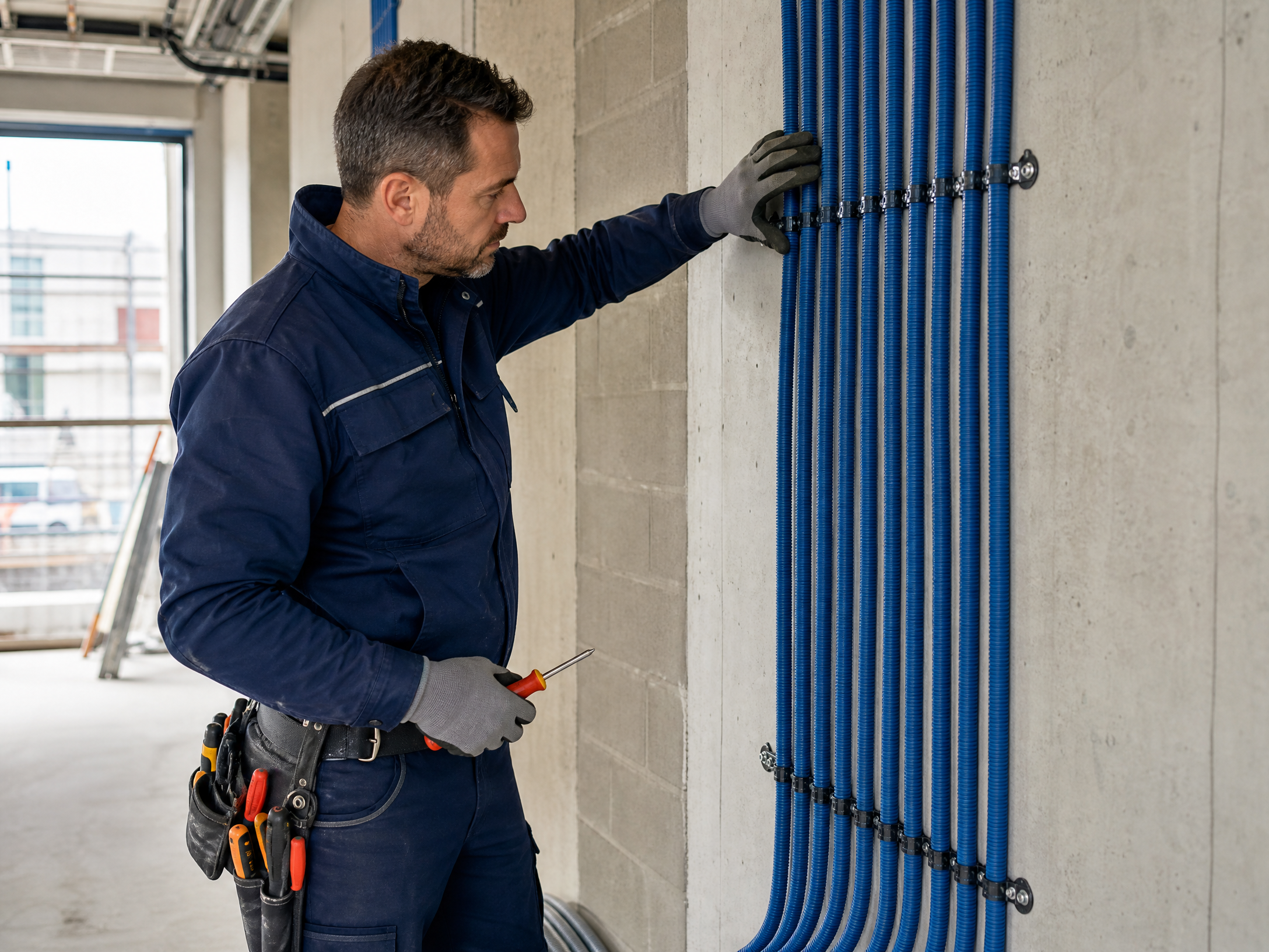 Électricien contrôlant des gaines ICTA bleues sur un chantier neuf