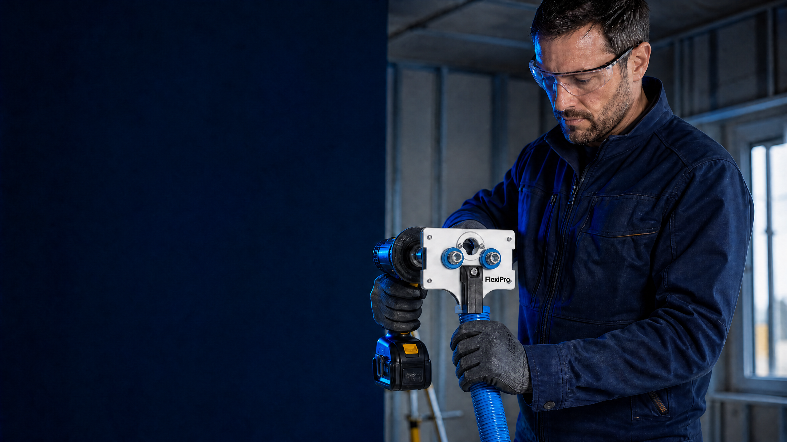 Électricien utilisant un passe-câble avec une visseuse